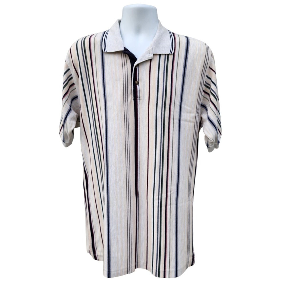 Boca Classics Mens Large Striped Polo Shirt Beige Short Sleeve Casual L